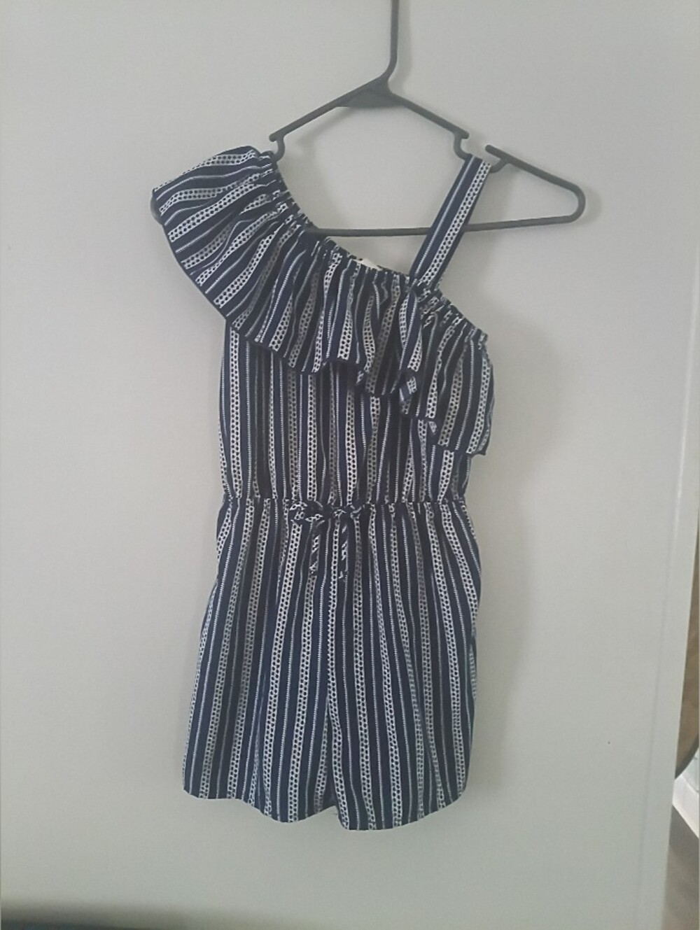 Girls' Navy & White Striped One-Shoulder Romper with Ruffle